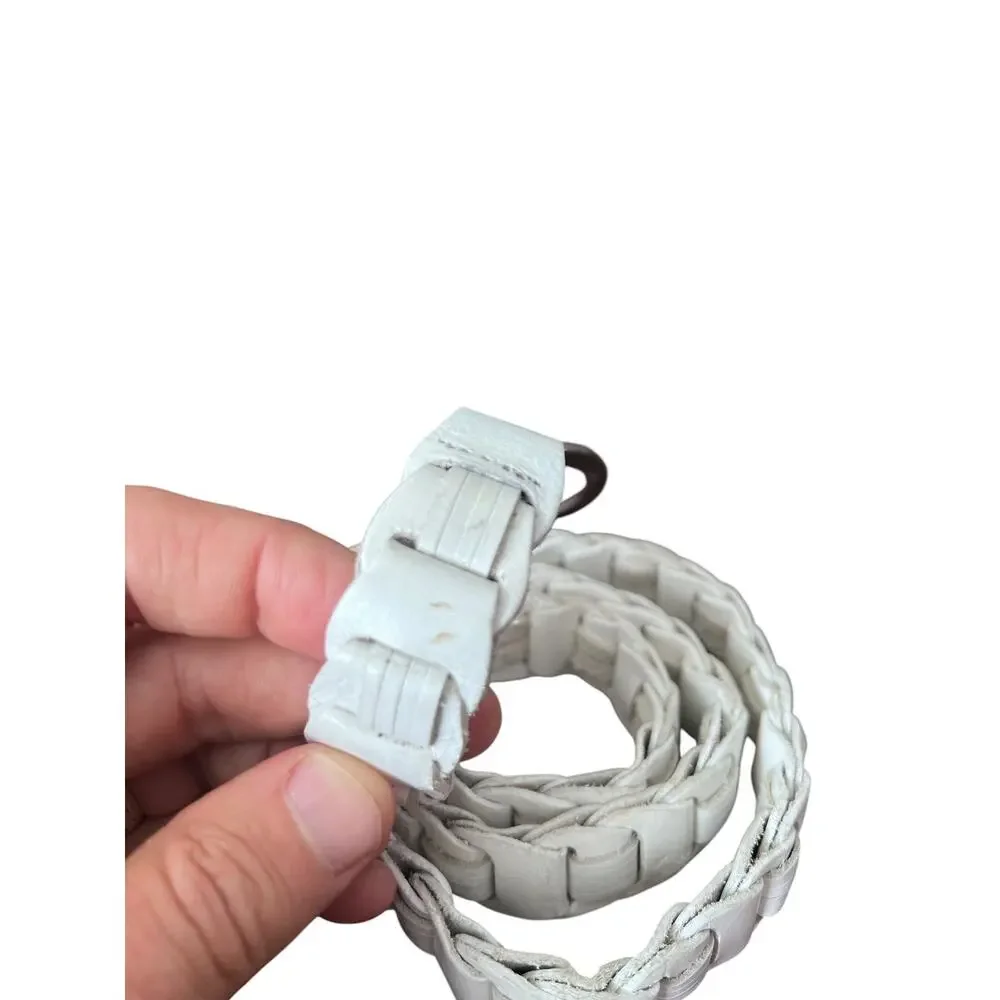 White Braided Skinny Belt Womens Small Leather Woven Chrome Tone Buckle